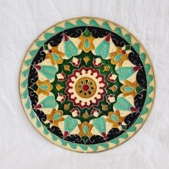 VTG Decorative Greek Byzantine Brass Wall Plate with Enamel Floral Pattern 5.75" - Picture 1 of 5